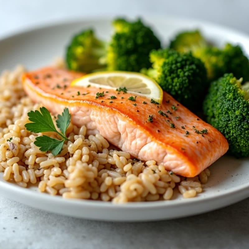Flaky Lemon-Herb Salmon with Brown Rice and Roasted Broccoli