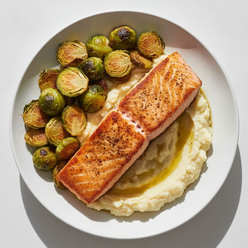 Seared Salmon with Roasted Brussels Sprouts and Cauliflower Mash