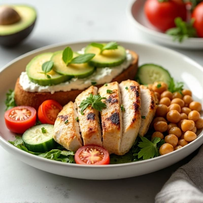 Grilled Chicken Salad with Roasted Chickpeas and Avocado Cottage Cheese Toast