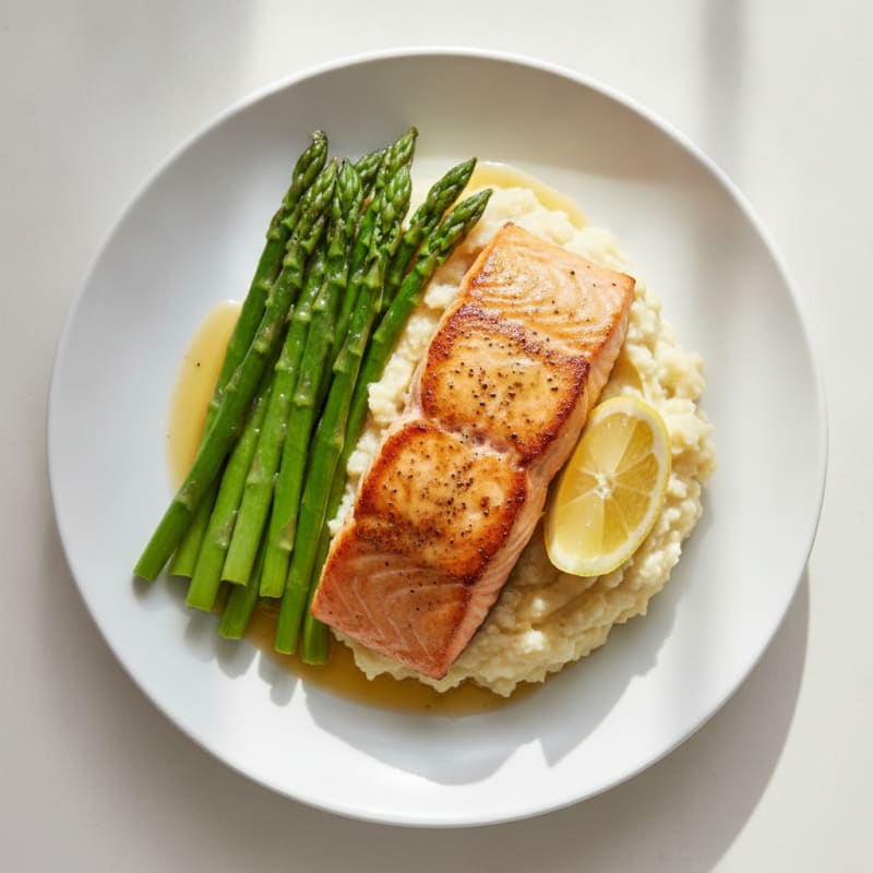 Seared Salmon with Steamed Asparagus and Garlic Cauliflower Mash