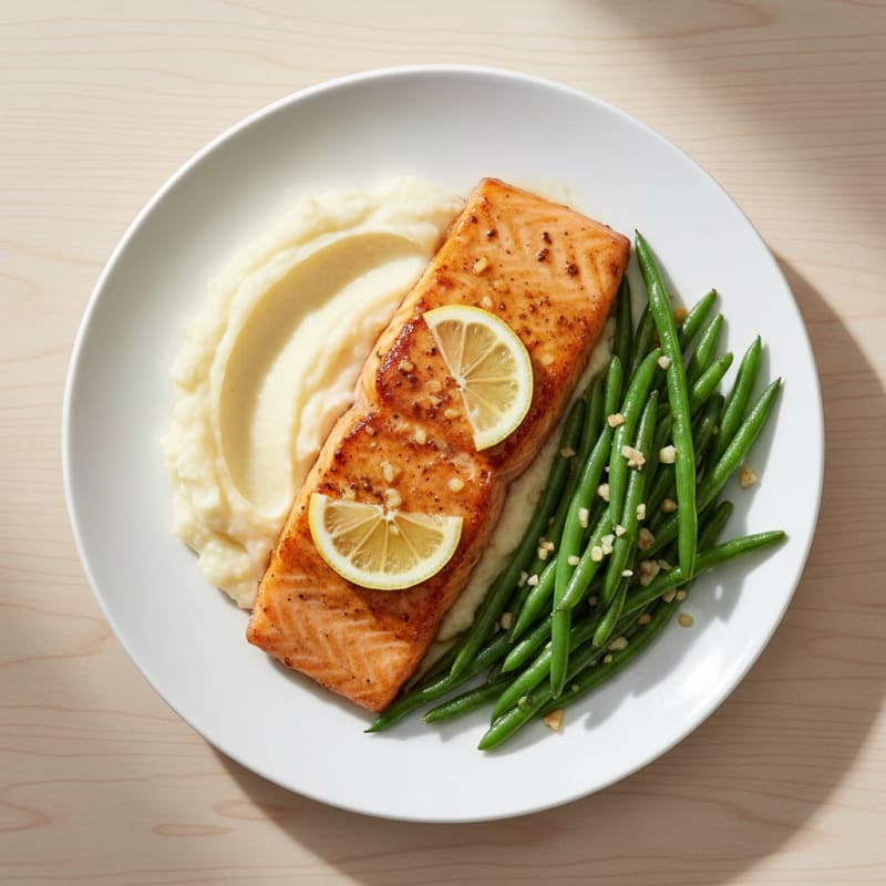 Baked Salmon with Garlic Green Beans and Cauliflower Mash