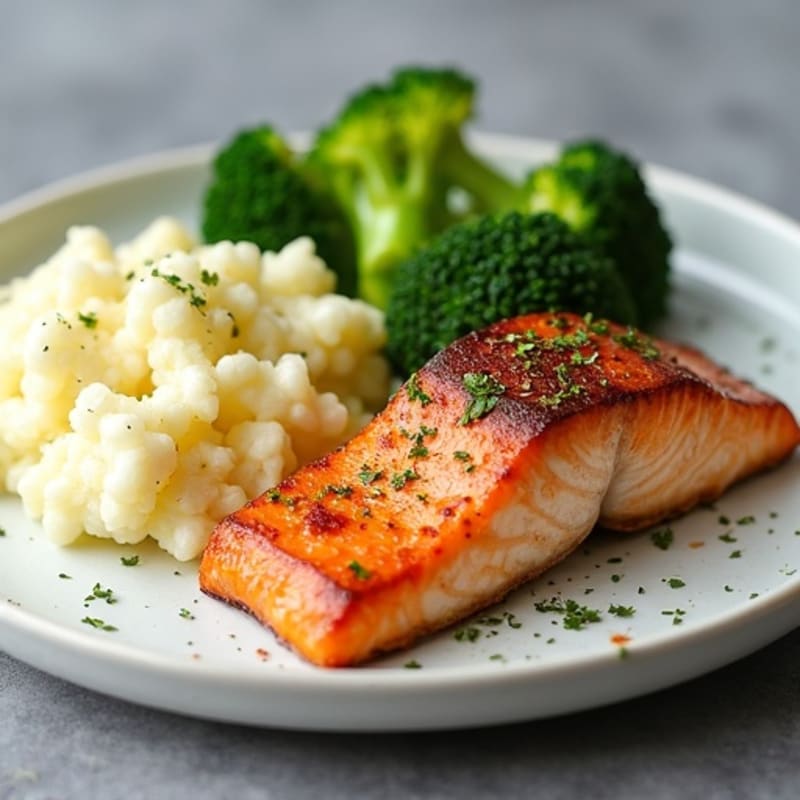 Seared Salmon Fillet with Steamed Broccoli and Garlic Mashed Cauliflower