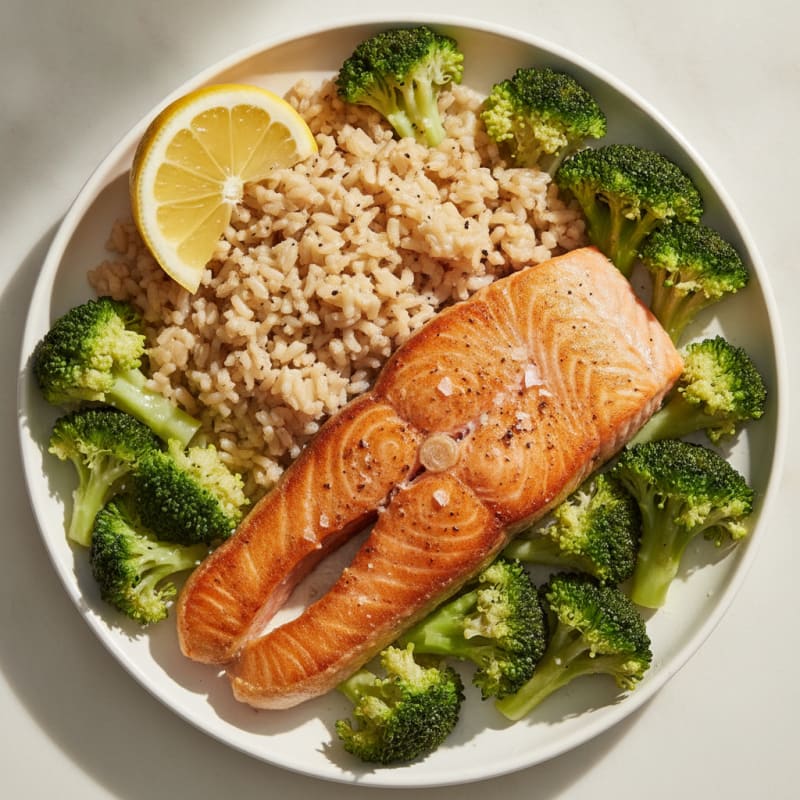 Seared Salmon with Steamed Broccoli and Brown Rice