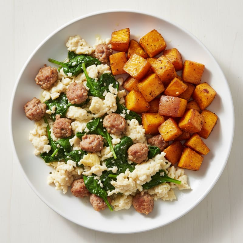 Egg White Scramble with Turkey Sausage and Sautéed Spinach