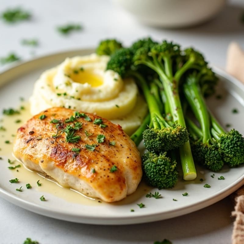 Lemon-Herb Roasted Chicken with Creamy Garlic Mashed Potatoes and Crispy Broccolini
