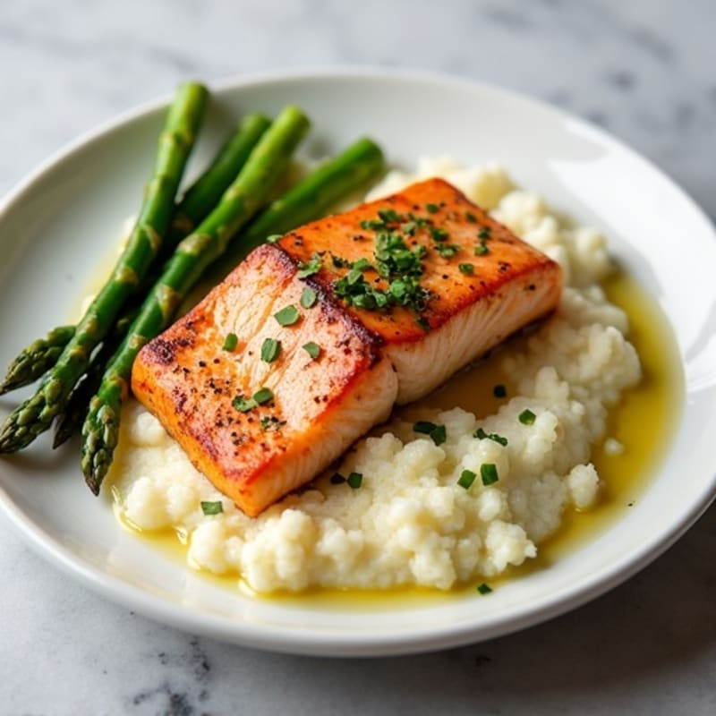 Seared Salmon with Steamed Asparagus and Garlic Mashed Cauliflower
