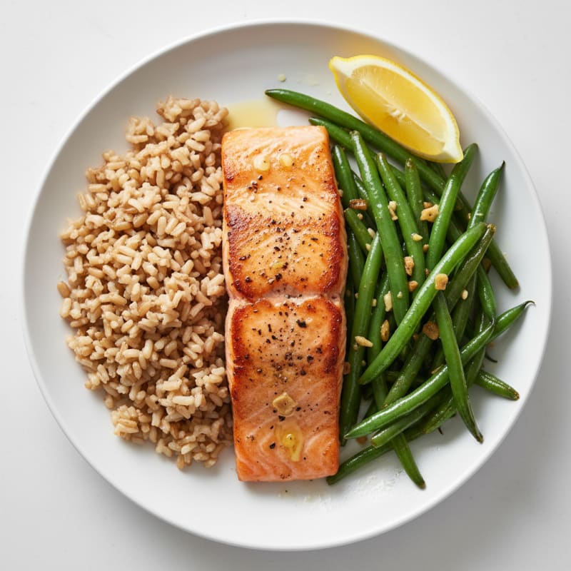 Seared Salmon with Garlic Green Beans and Brown Rice