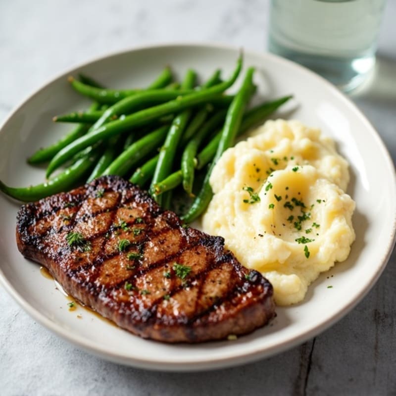 Seared Steak with Garlic Green Beans and Cauliflower Mash