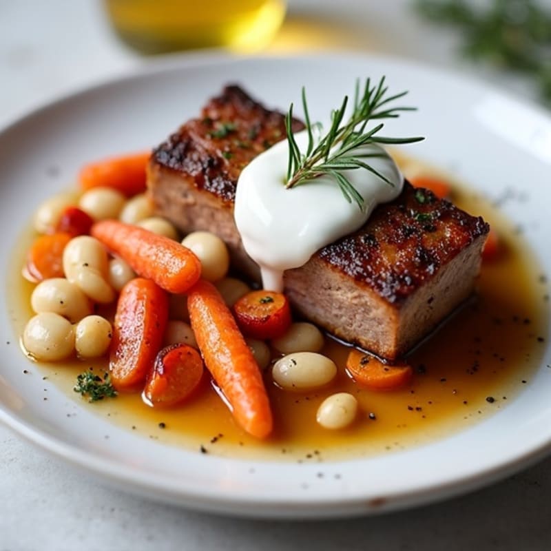 Tender Slow-Braised Pork Belly with Crispy Roasted Root Vegetables