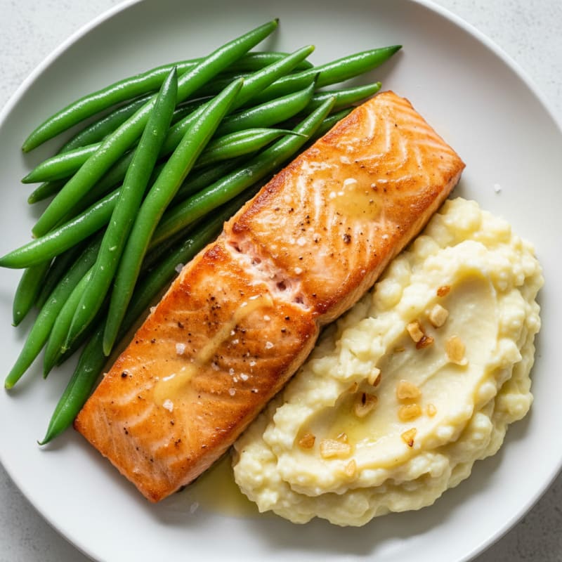Seared Salmon with Steamed Green Beans and Garlic Mashed Cauliflower