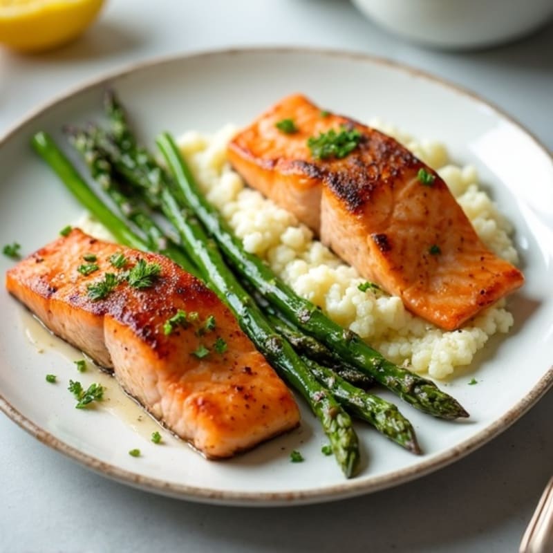 Seared Salmon with Asparagus and Cauliflower Mash