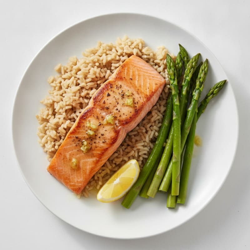 Seared Salmon Fillet with Steamed Asparagus and Brown Rice