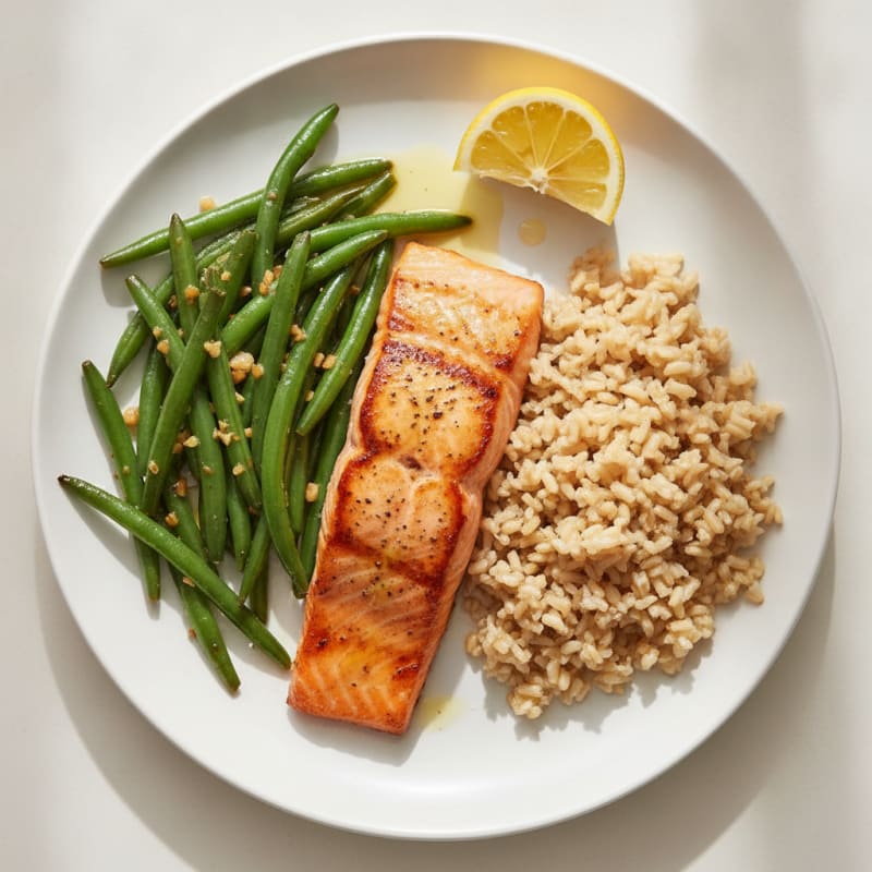 Seared Salmon with Garlic Green Beans and Brown Rice