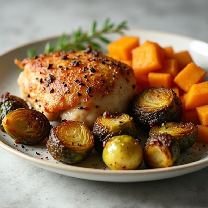Herb-Roasted Chicken Thighs with Crispy Brussels Sprouts and Sweet Potato