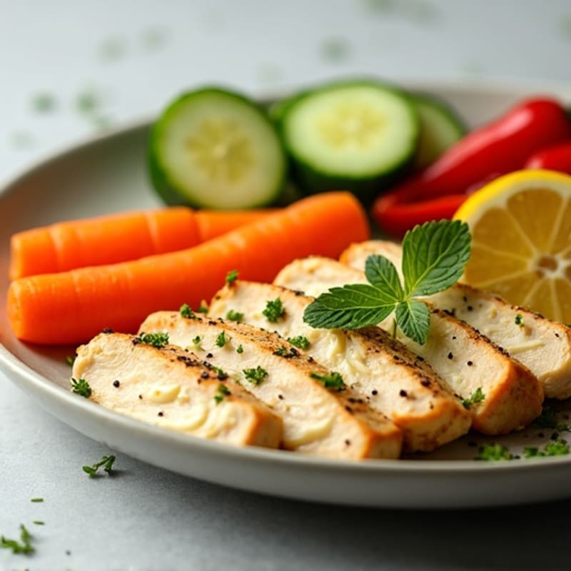 Creamy Hummus Platter with Fresh Vegetables and Lemon Herb Chicken