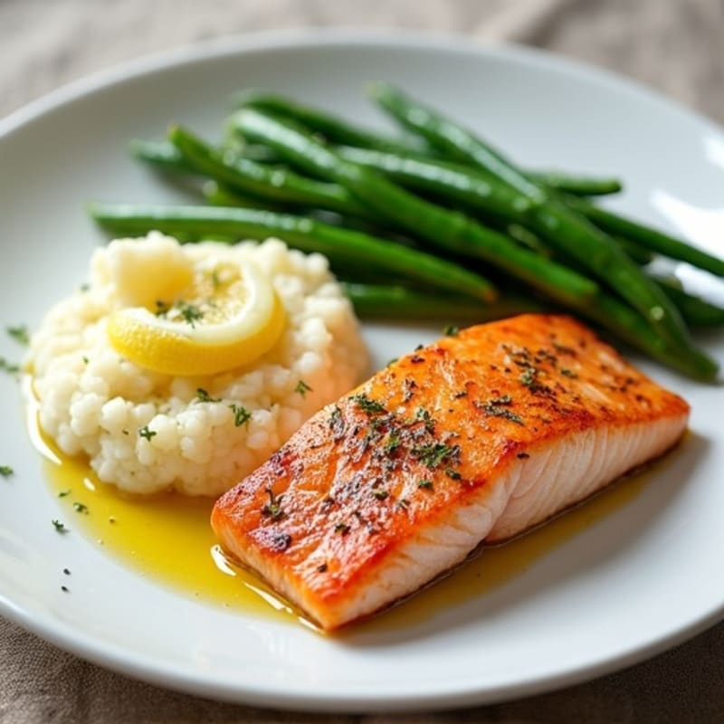 Seared Salmon with Steamed Green Beans and Cauliflower Mash