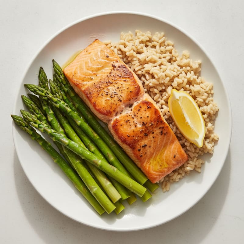 Seared Salmon with Steamed Asparagus and Brown Rice