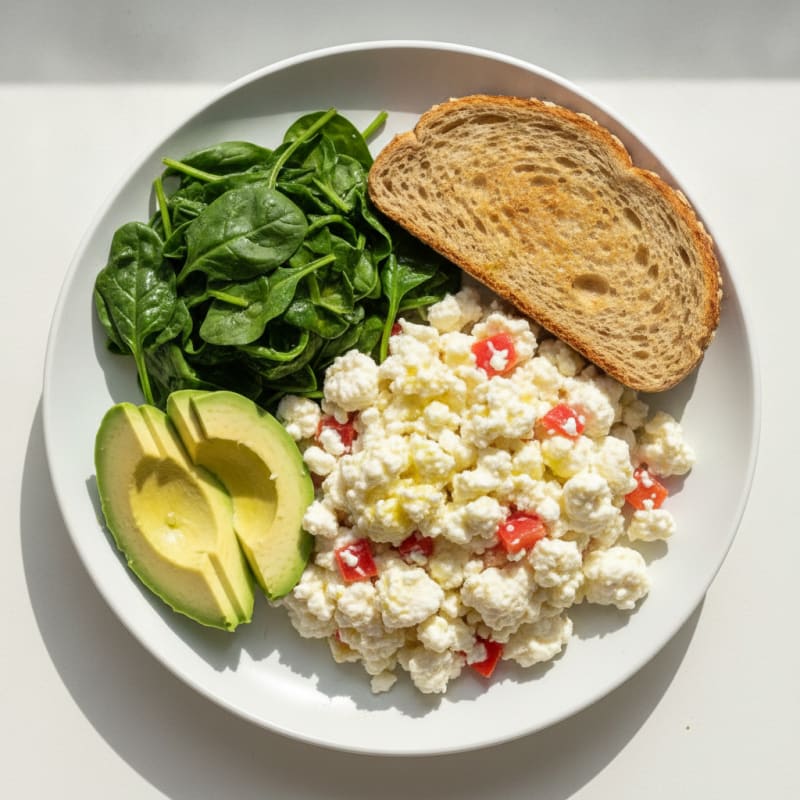Egg White Veggie Scramble with Cottage Cheese and Sautéed Spinach