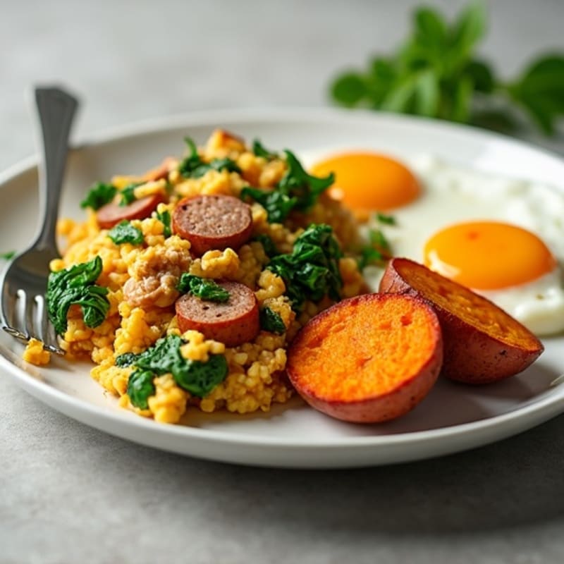 Crispy Turkey Sausage and Spinach Egg Scramble with Roasted Sweet Potatoes