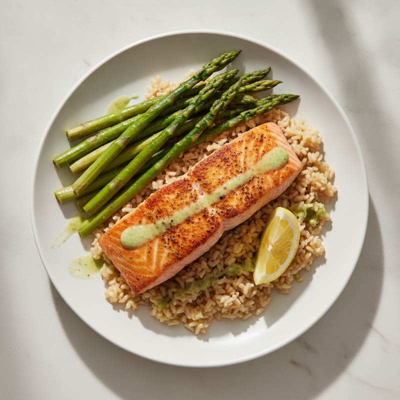 Seared Salmon with Steamed Asparagus and Brown Rice