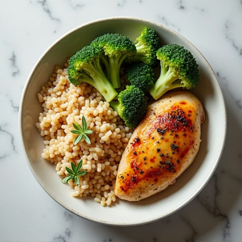 Garlic Herb Roasted Chicken with Brown Rice and Crispy Roasted Broccoli