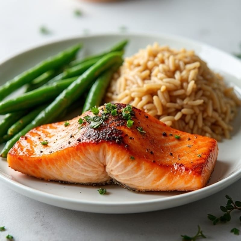 Seared Salmon Fillet with Steamed Green Beans and Brown Rice