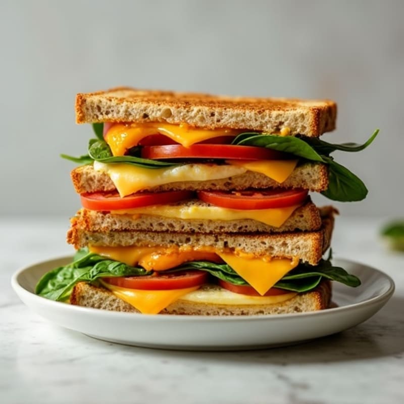 Crispy Whole Grain Triple-Decker Grilled Cheese with Fresh Tomato and Spinach