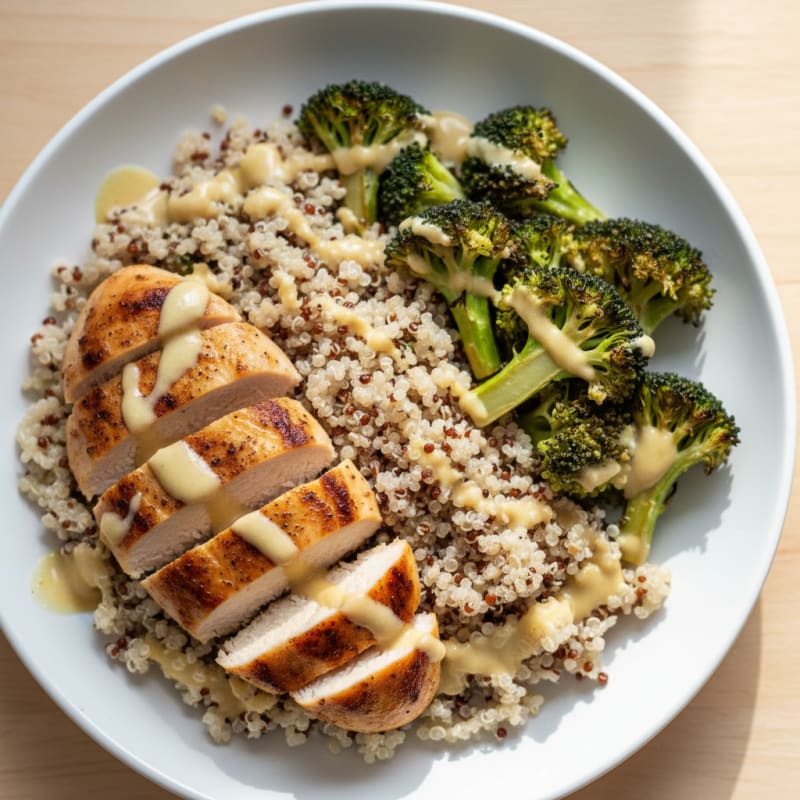 Grilled Chicken and Quinoa Bowl with Roasted Broccoli and Lemon Tahini Drizzle