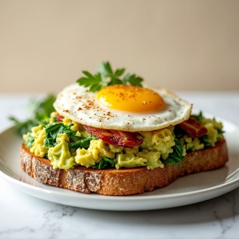 Cottage Cheese Scramble with Spinach and Turkey Bacon on Avocado Toast