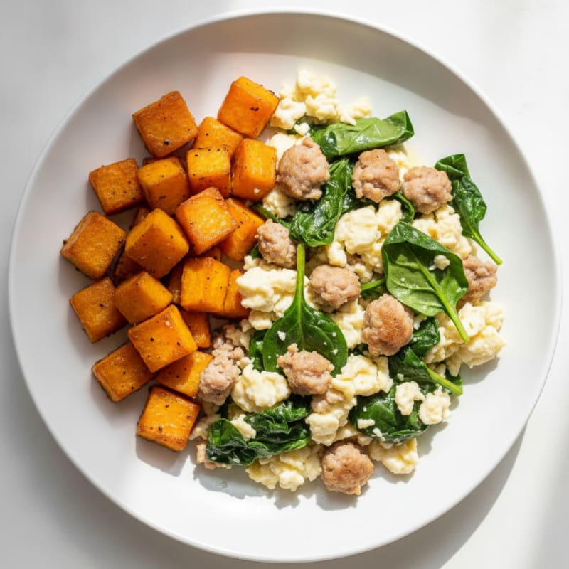 Egg White and Turkey Sausage Scramble with Spinach and Roasted Sweet Potato