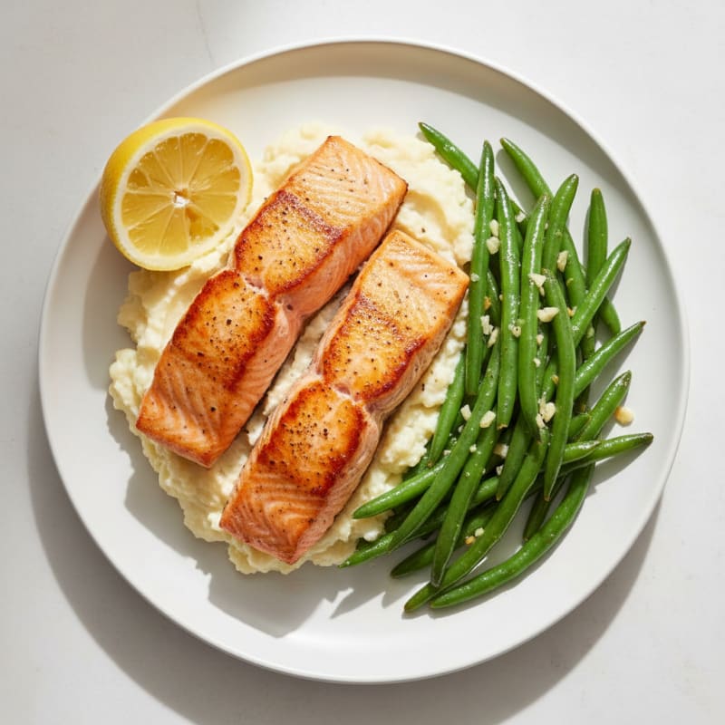 Seared Salmon with Garlic Green Beans and Cauliflower Mash