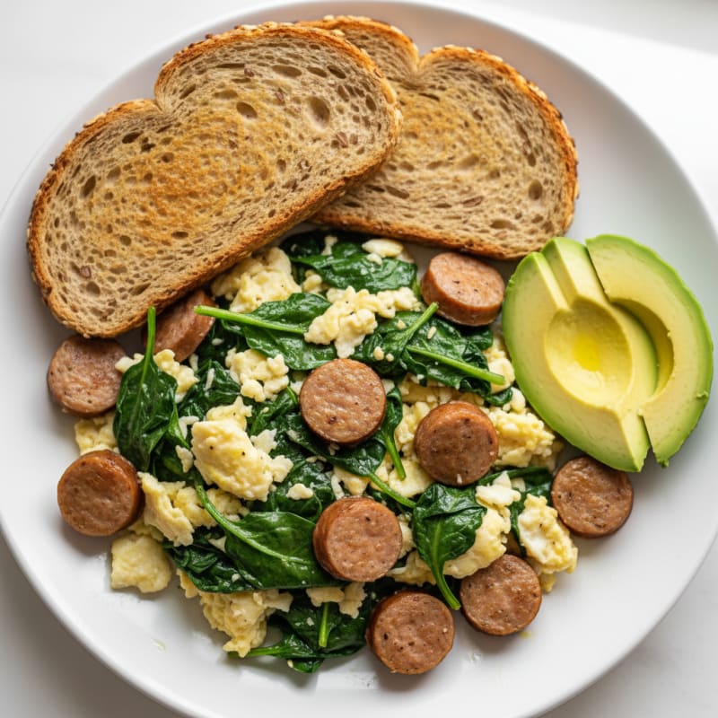 Egg White Spinach Scramble with Turkey Sausage