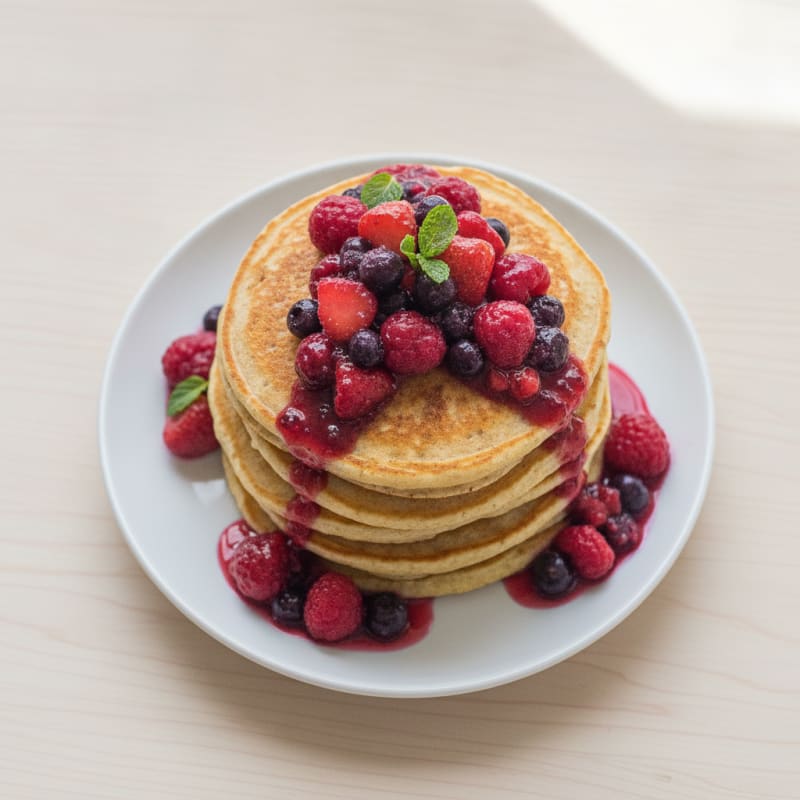 Fluffy Buttermilk-Style Protein Pancakes with Berry Compote
