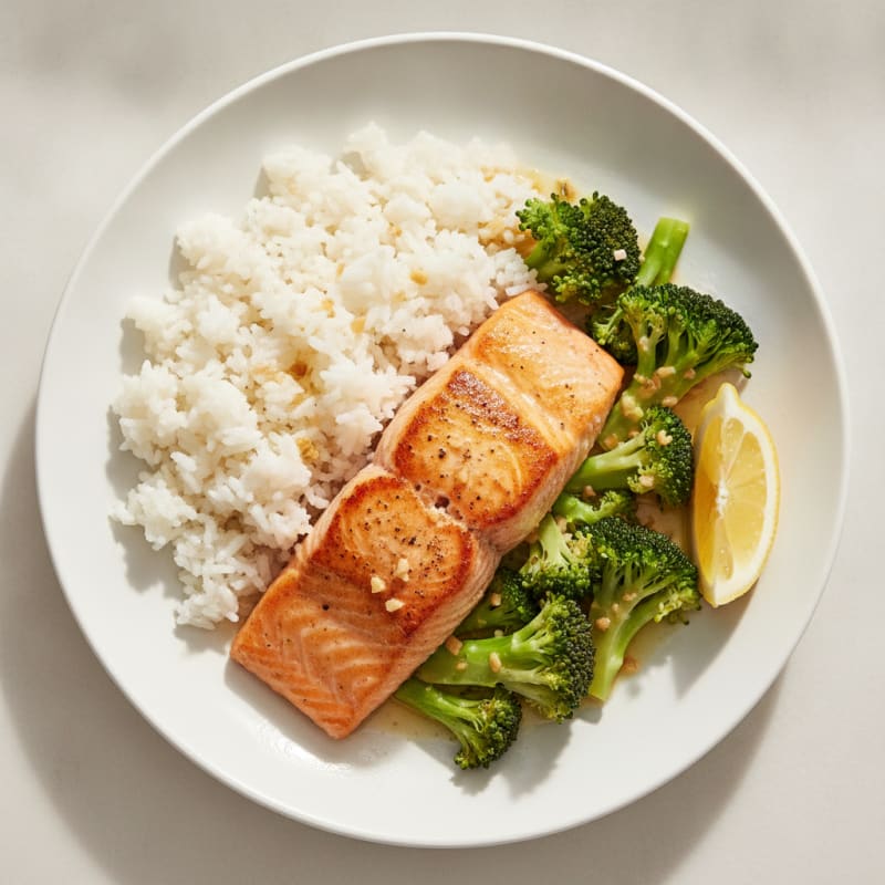 Seared Salmon with Steamed Rice and Garlic Broccoli