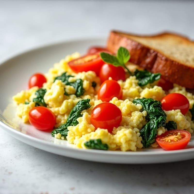 Fluffy Egg White Scramble with Fresh Spinach and Cherry Tomatoes