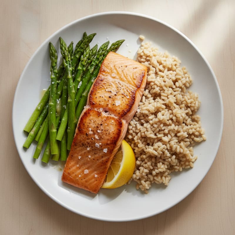 Seared Salmon with Steamed Asparagus and Brown Rice