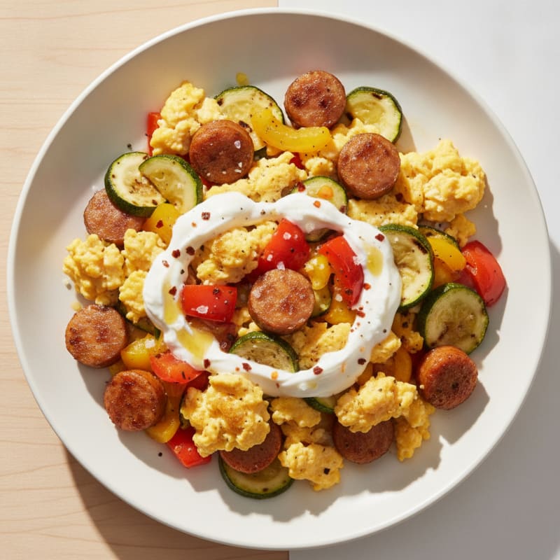 Hearty Scrambled Eggs with Roasted Vegetables