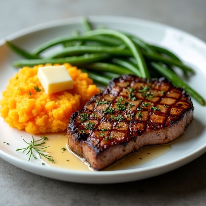 Seared Sirloin Steak with Garlic Green Beans and Sweet Potato Mash