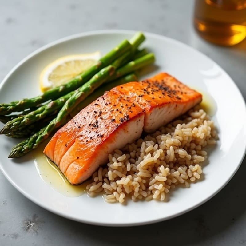 Seared Salmon Fillet with Steamed Asparagus and Brown Rice