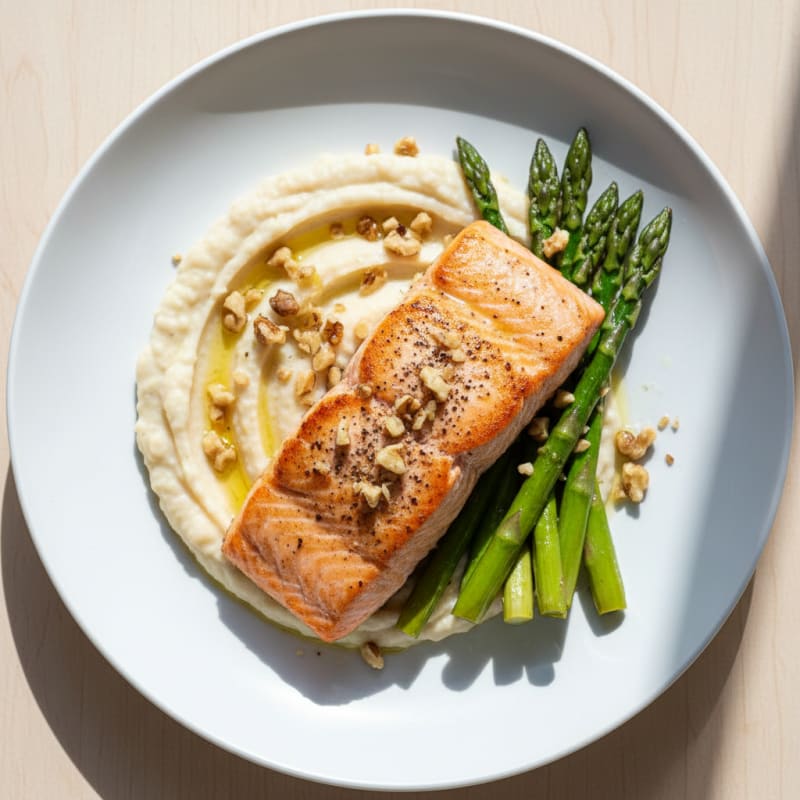 Seared Salmon Fillet with Creamy White Bean Mash and Sautéed Asparagus