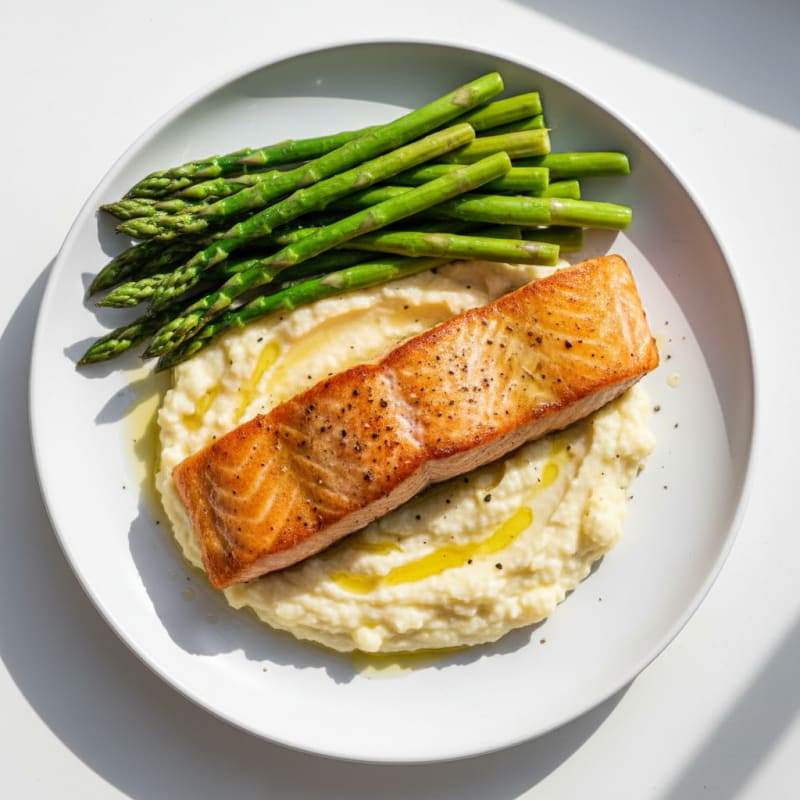 Seared Salmon with Steamed Asparagus and Garlic Cauliflower Mash