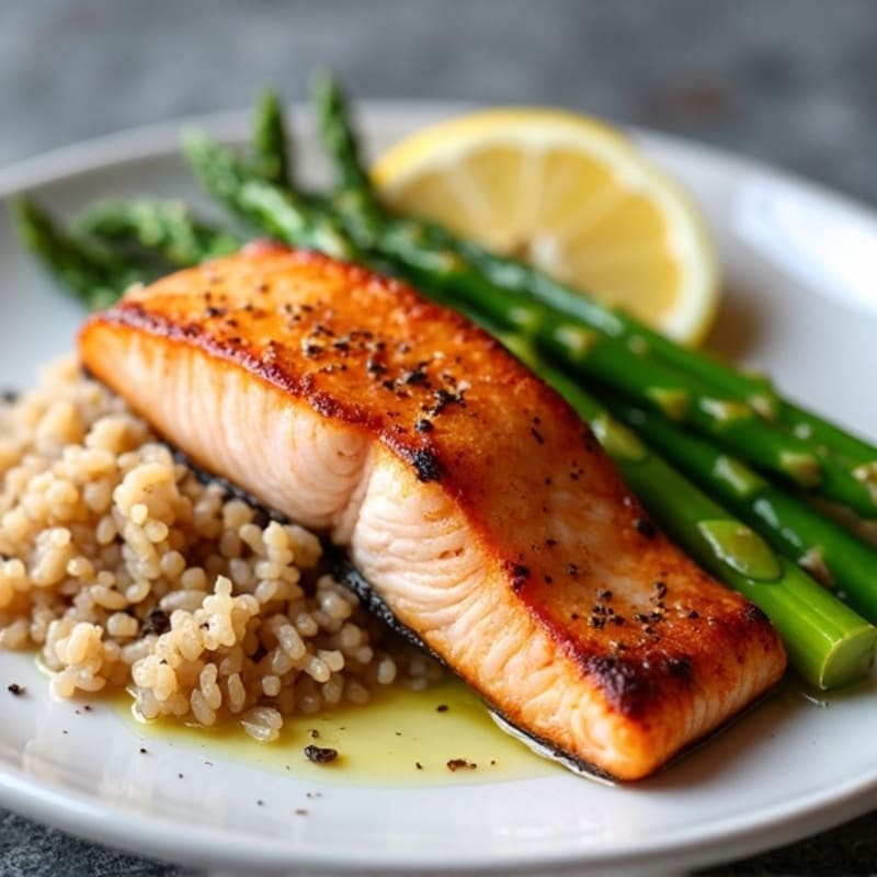 Seared Salmon Fillet with Steamed Asparagus and Brown Rice