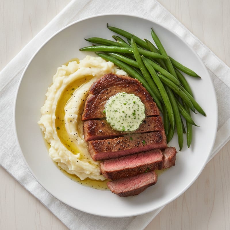 Seared Sirloin Steak with Garlic Mashed Potatoes and Steamed Green Beans