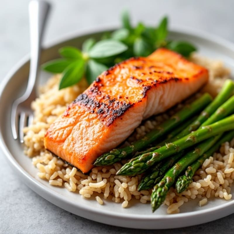 Seared Salmon Fillet with Steamed Asparagus and Brown Rice