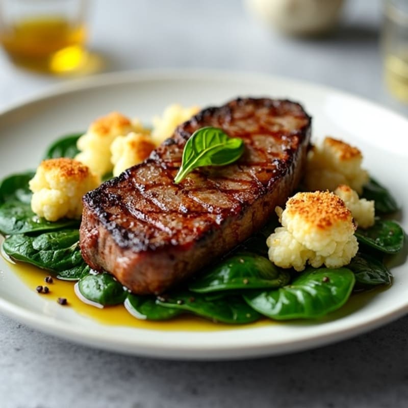Seared Lean Beef with Roasted Cauliflower and Spinach