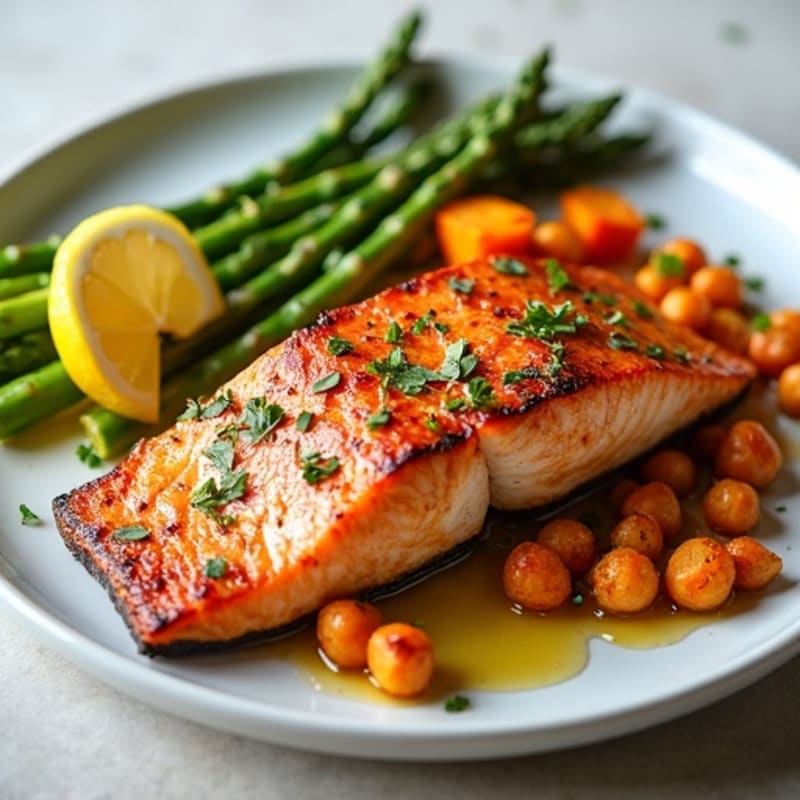 Seared Salmon Fillet with Roasted Sweet Potatoes and Asparagus