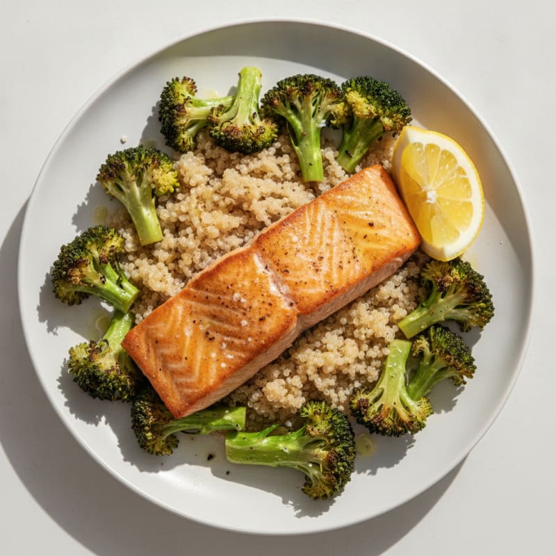 Seared Salmon with Roasted Broccoli and Quinoa