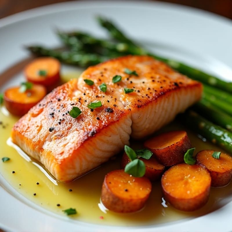 Seared Salmon Fillet with Roasted Sweet Potato and Asparagus