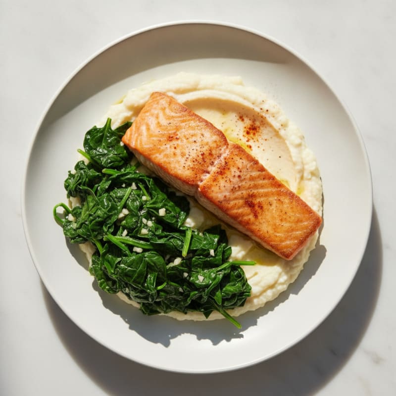 Seared Salmon with Garlic Spinach and Cauliflower Mash