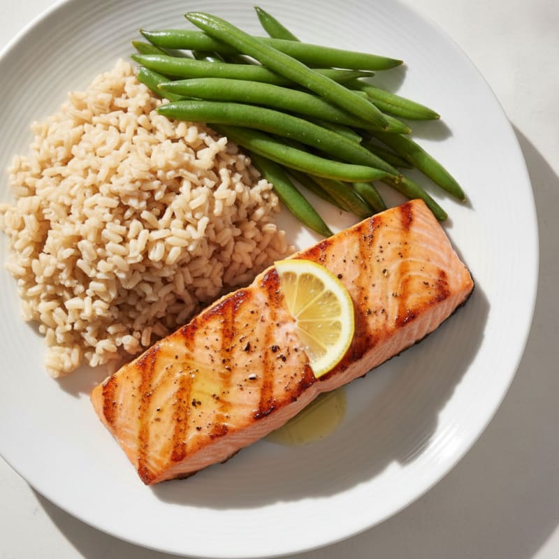 Seared Salmon Fillet with Steamed Green Beans and Brown Rice